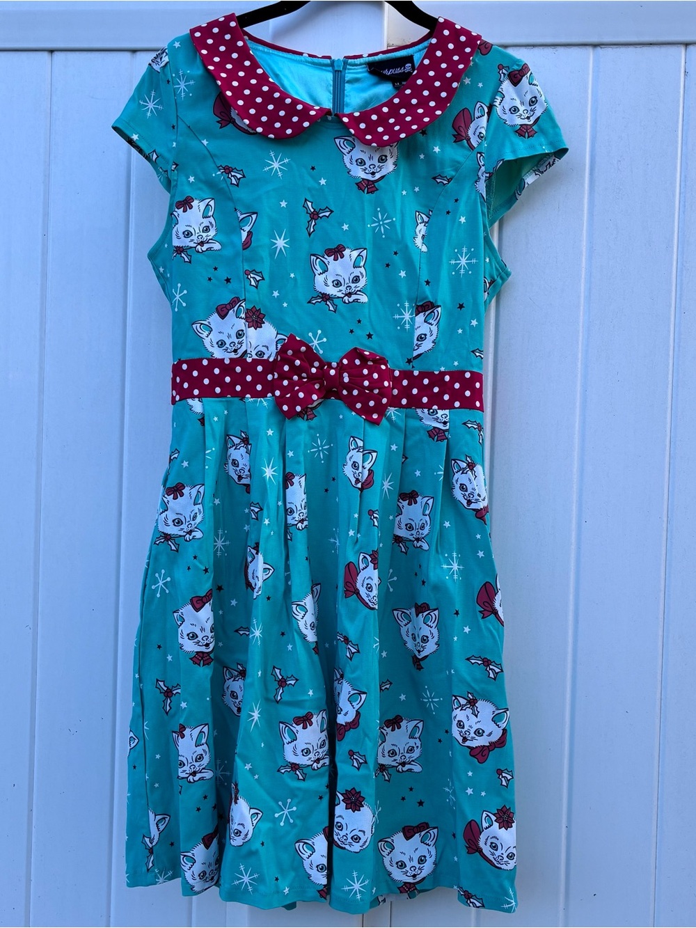 Sourpuss Women’s Retro Green Cat Dress Polka Dot Collar Bow Pin Up NWOT Sz M